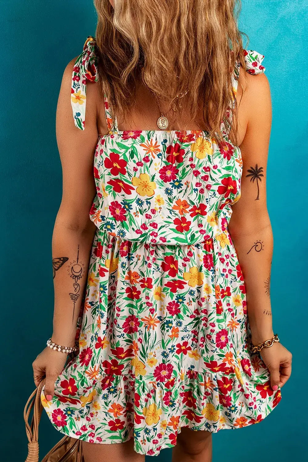 Floral Knotted Straps Cinched Waist Ruffle Hem Mini Dress - Trendsi - Flyclothing LLC