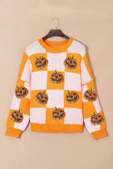 Pumpkin Checkered Round Neck Long Sleeve Sweater - Trendsi - Flyclothing LLC