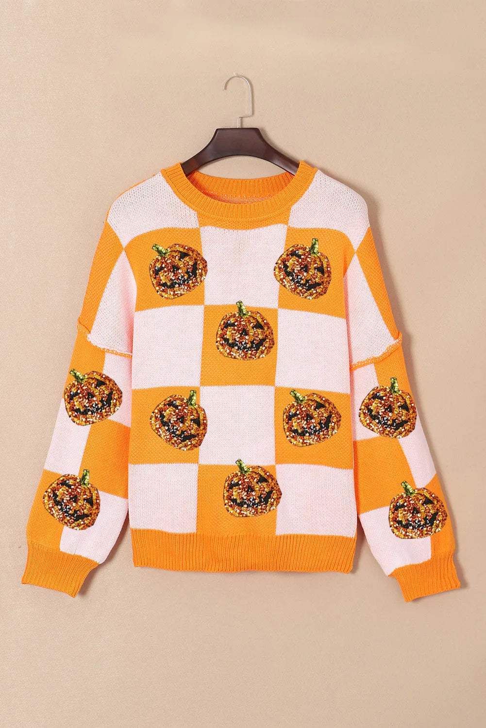 Pumpkin Checkered Round Neck Long Sleeve Sweater - Trendsi - Flyclothing LLC