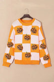 Pumpkin Checkered Round Neck Long Sleeve Sweater - Trendsi