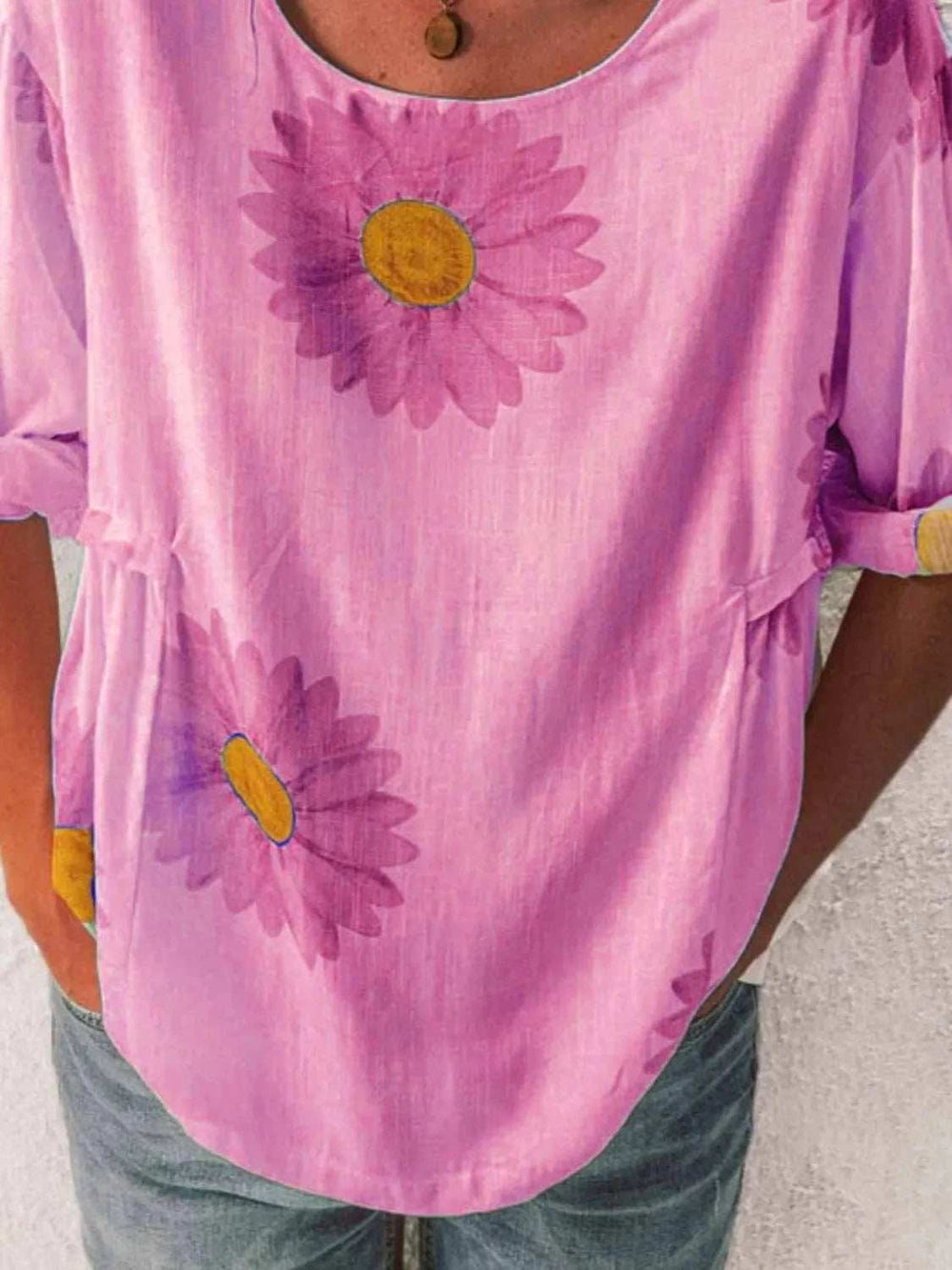 Full Size Flower Round Neck Half Sleeve T-Shirt Plus Size - Trendsi - Flyclothing LLC