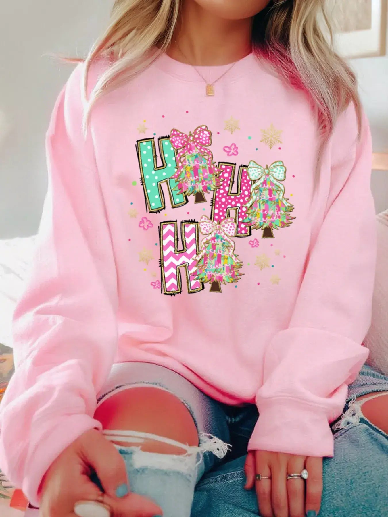 HO HO HO Christmas Tree Graphic Pullover Sweatshirt - Trendsi - Flyclothing LLC