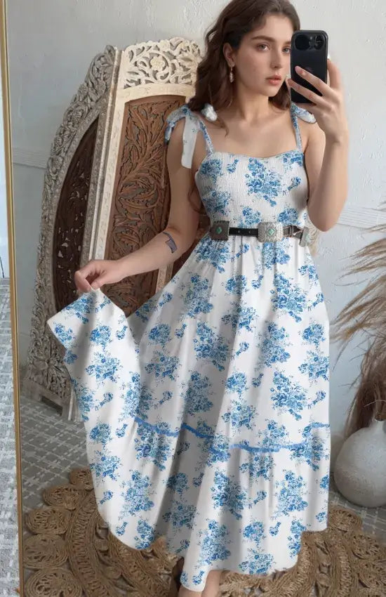 Printed Tie Shoulder Dress - Trendsi - Flyclothing LLC