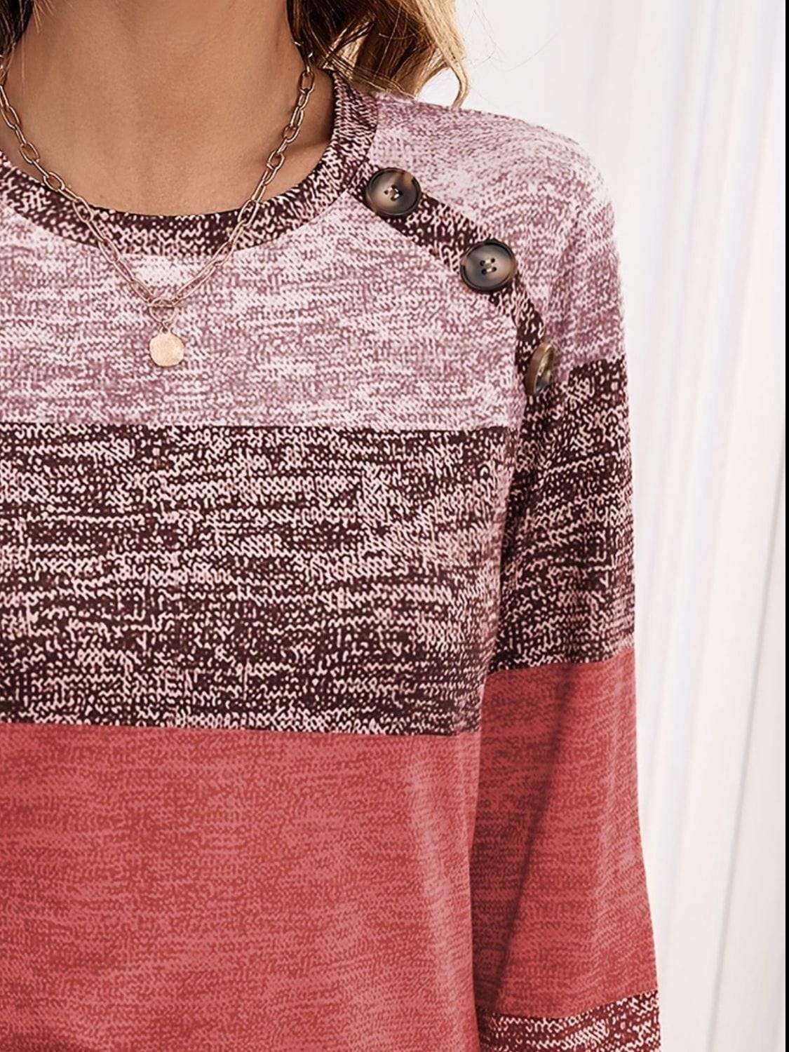 Decorative Button Contrast Round Neck Long Sleeve T-Shirt - Trendsi - Flyclothing LLC