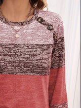 Decorative Button Contrast Round Neck Long Sleeve T-Shirt - Trendsi - Flyclothing LLC