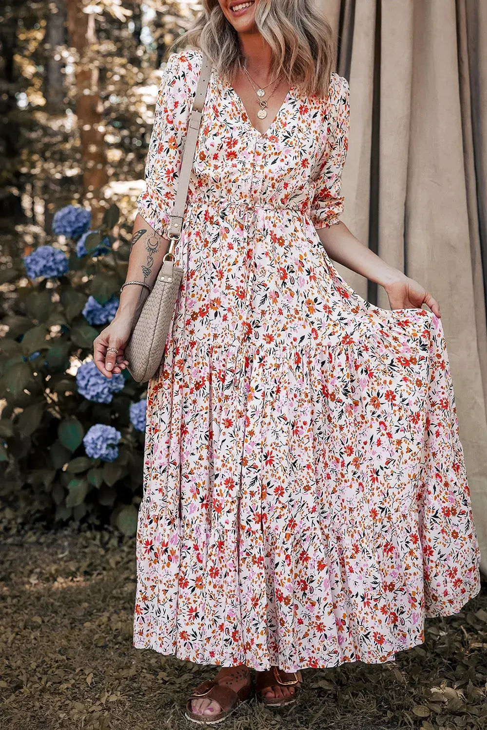 Boho Half Sleeve Floral V Neck Maxi Dress - Trendsi - Flyclothing LLC