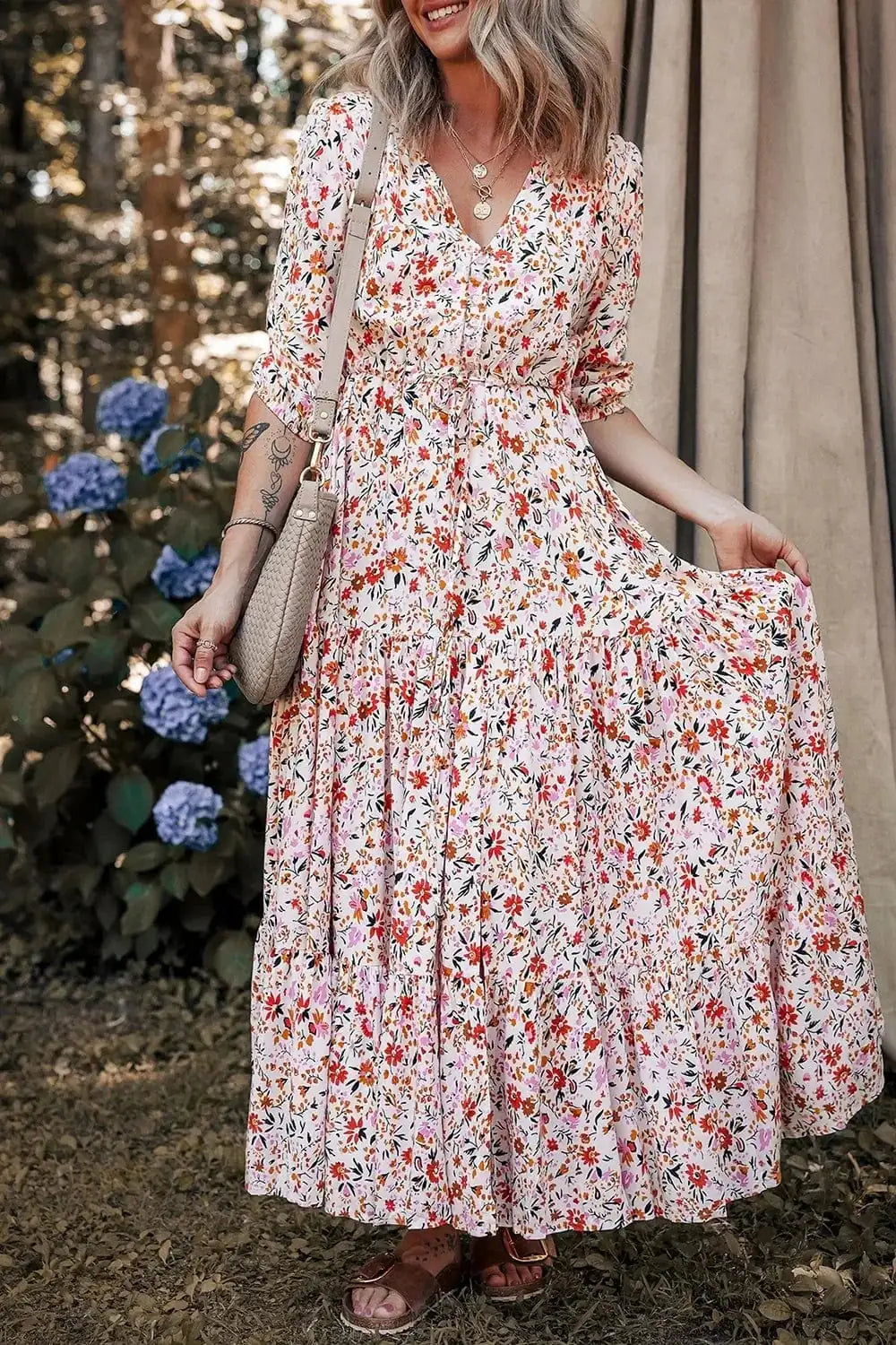 Boho Half Sleeve Floral V Neck Maxi Dress - Trendsi