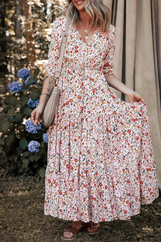 Boho Half Sleeve Floral V Neck Maxi Dress - Trendsi - Flyclothing LLC