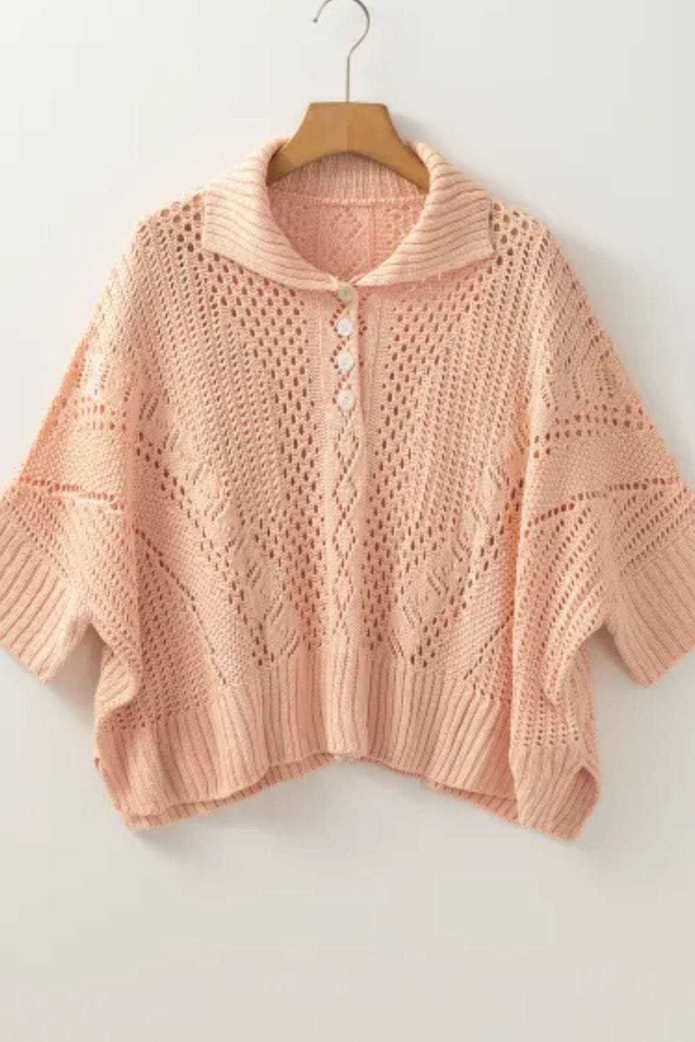 Cutout Collared Neck Three-Quarter Sleeve Sweater - Trendsi - Flyclothing LLC