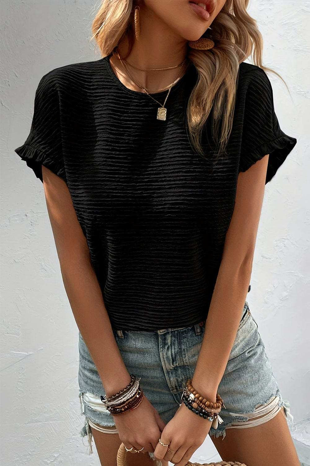 Frill Round Neck Cap Sleeve Blouse - Trendsi - Flyclothing LLC
