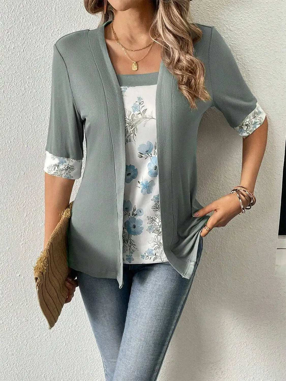 Faux Layered Printed Half Sleeve Top - Trendsi - Flyclothing LLC