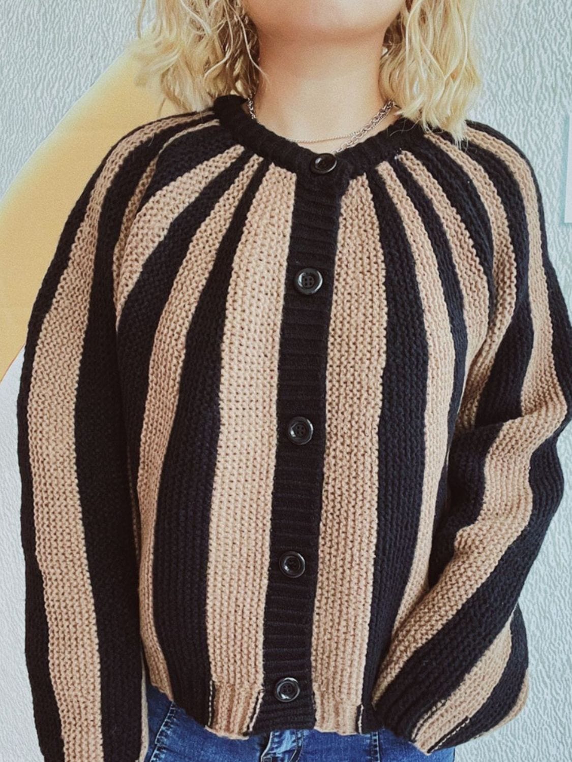 Contrast Stripes Button Down Long Sleeve Cardigan - Trendsi