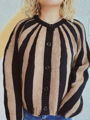Contrast Stripes Button Down Long Sleeve Cardigan - Trendsi