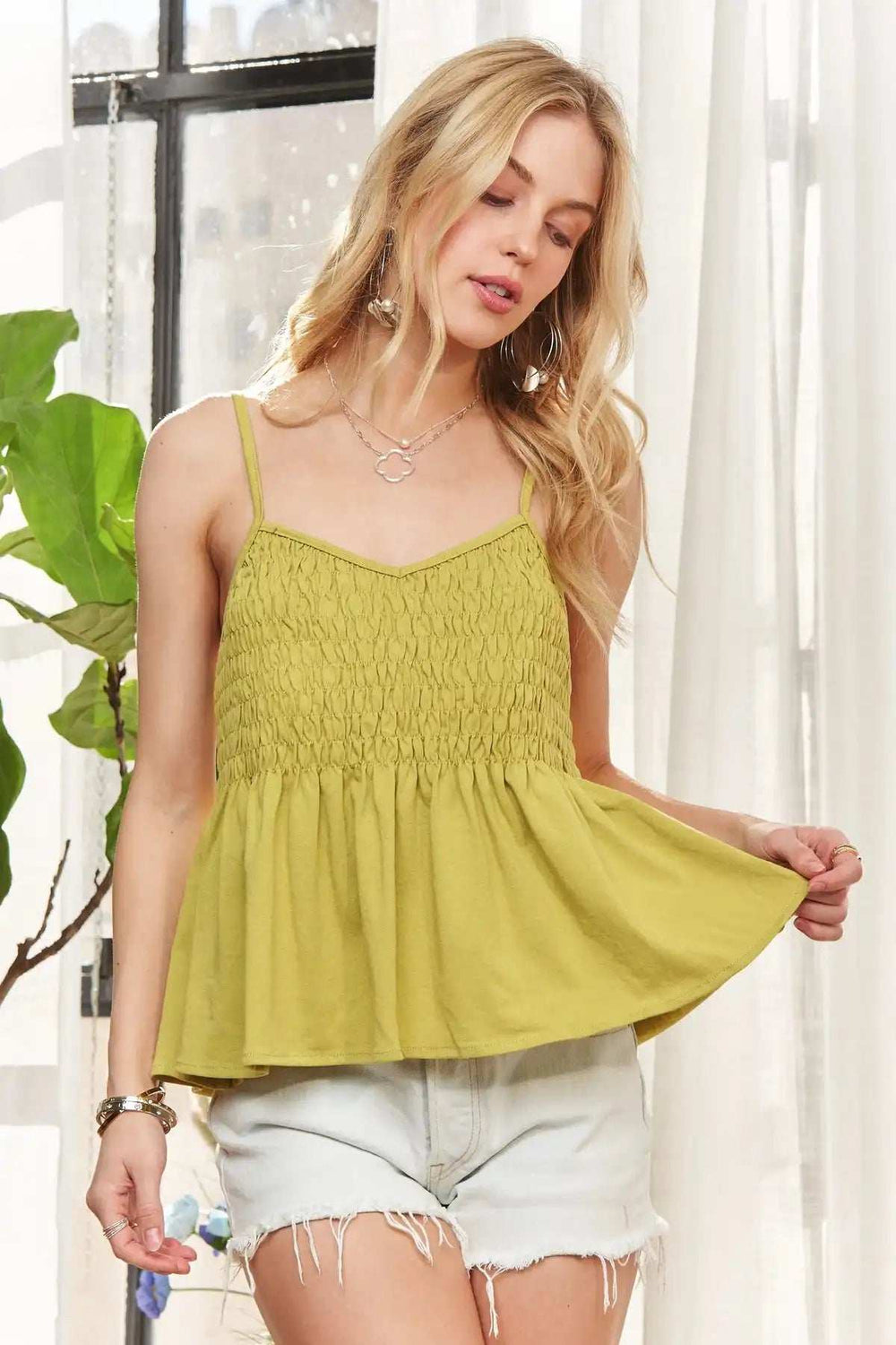 ADORA Cutesy Washed Smocking Tank Top - Trendsi - Flyclothing LLC