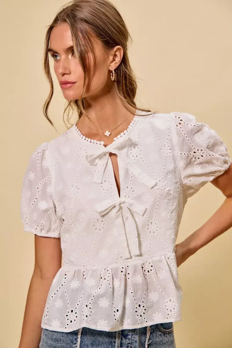 SO ME Cotton Eyelet Front Tie Short Sleeves Blouse - Trendsi - Flyclothing LLC