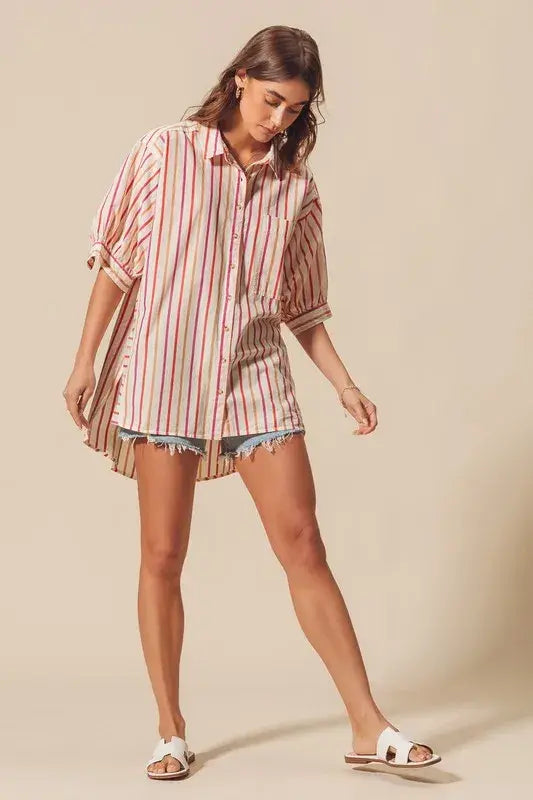 SO ME Multicolored Stripe Button Down Shirt - Trendsi - Flyclothing LLC
