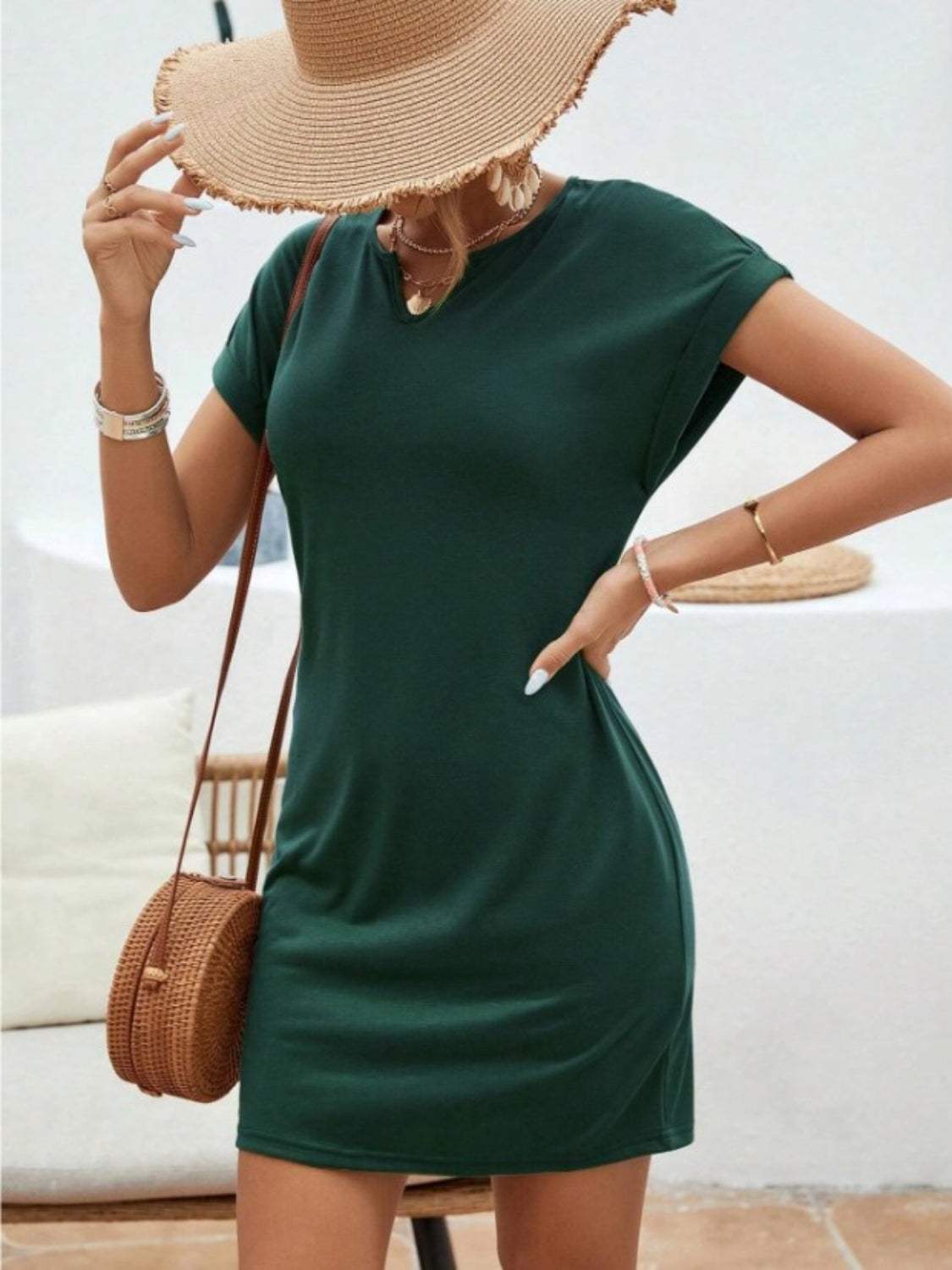 Notched Short Sleeve Mini Tee Dress - Trendsi - Flyclothing LLC