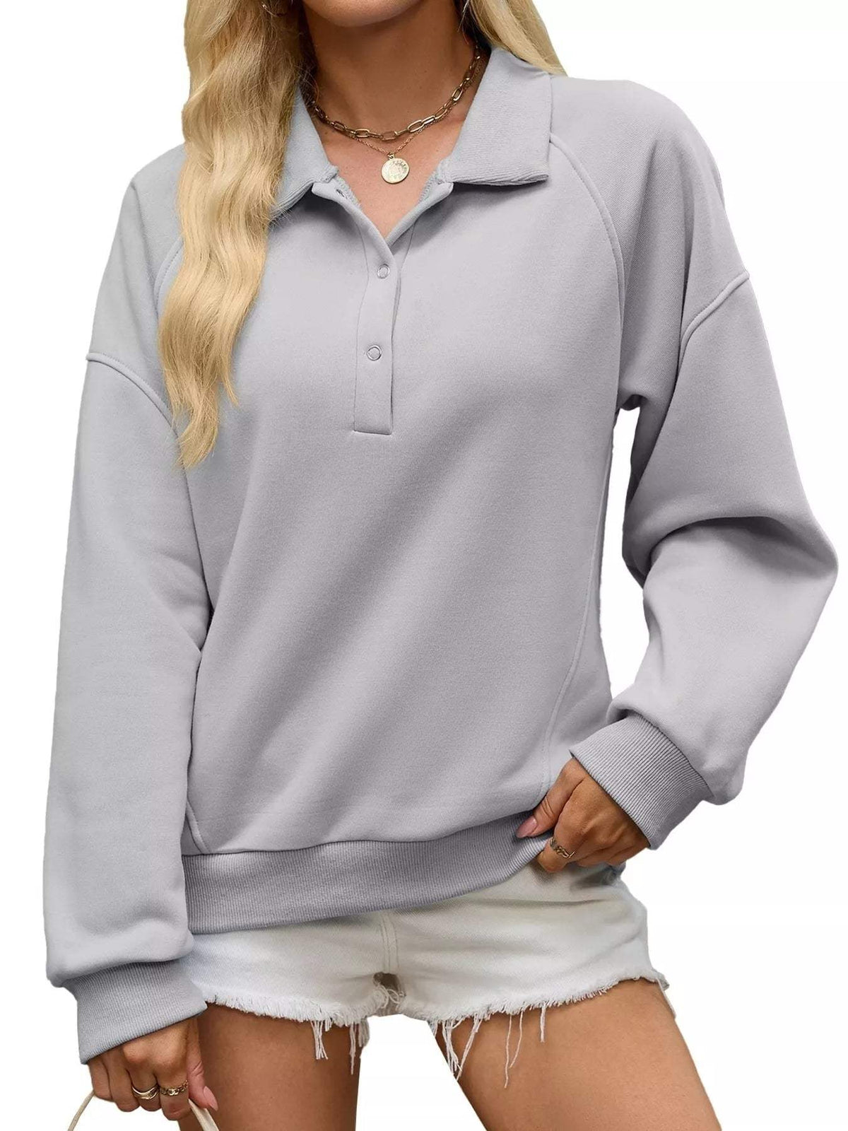 Button Detail Dropped Shoulder Sweatshirt - Trendsi - Flyclothing LLC