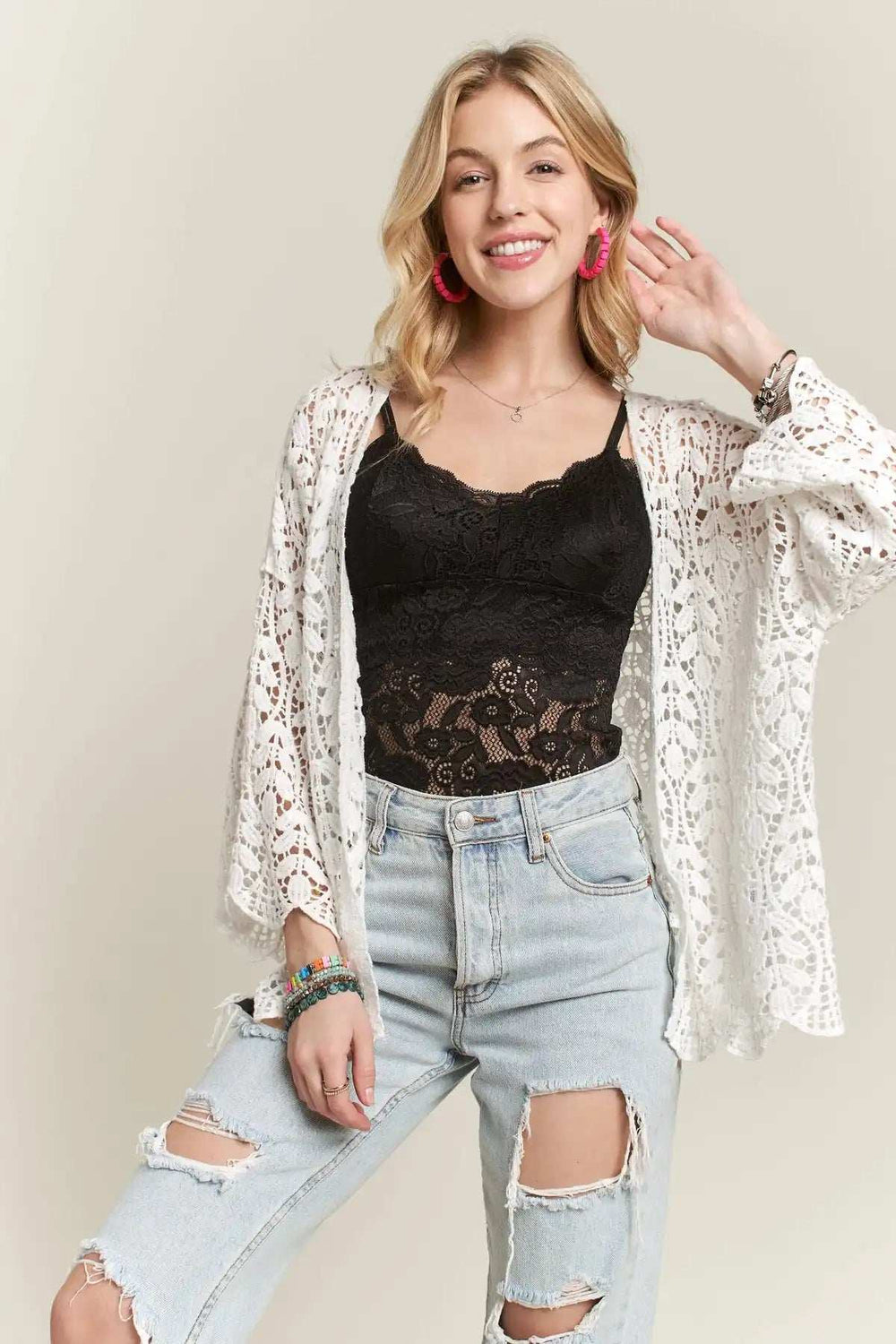 ADORA Leaf Pattern Crochet Cardigan - Trendsi - Flyclothing LLC