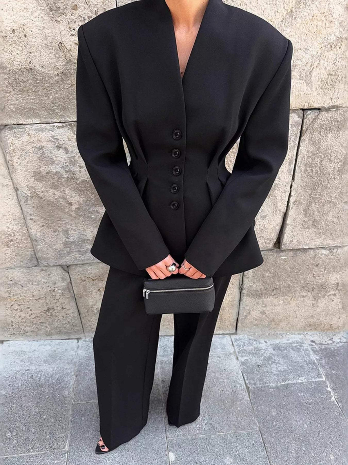 Chic Button Down Pleated Blazer and Wide-Leg Pants Suit Set - Trendsi - Flyclothing LLC