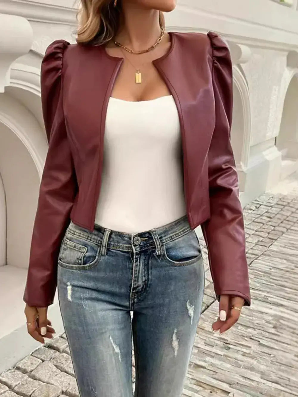 PU Leather Open Front Puff Sleeve Jacket - Trendsi - Flyclothing LLC