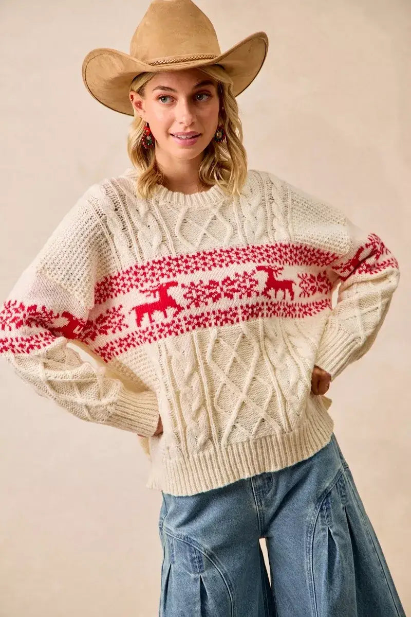 BiBi Christmas Theme Patterned Cable Knit Sweater - Trendsi - Flyclothing LLC