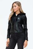 Snobbish Faux Leather Zip Up Drawstring Hooded Jacket - Trendsi - Flyclothing LLC