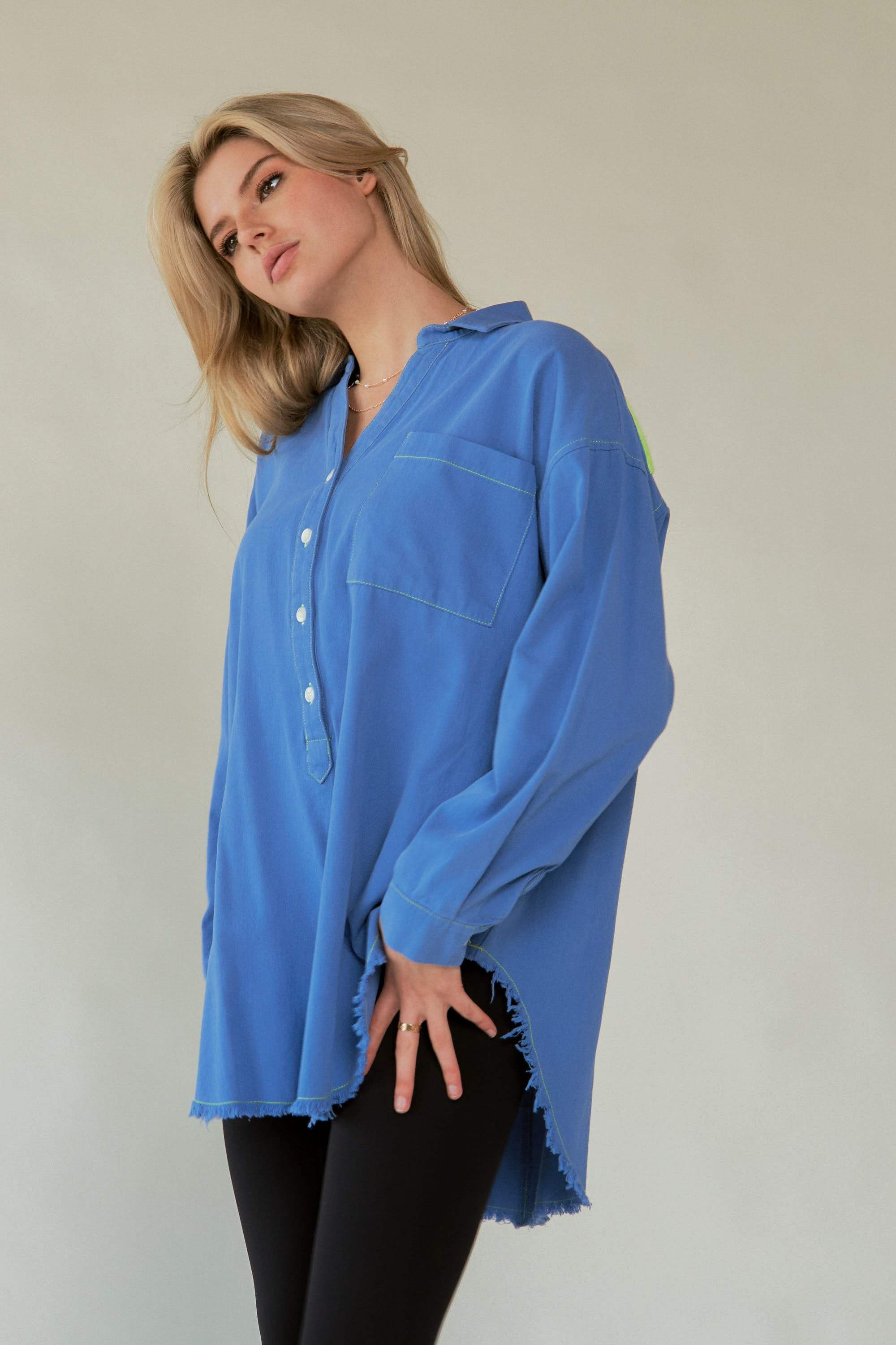 Davi & Dani Letter Back Raw Hem Half Button Shirt - Trendsi - Flyclothing LLC
