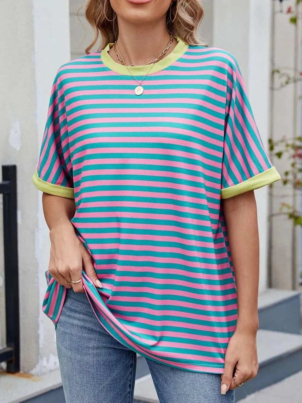Striped Round Neck Half Sleeve T-Shirt - Trendsi - Flyclothing LLC