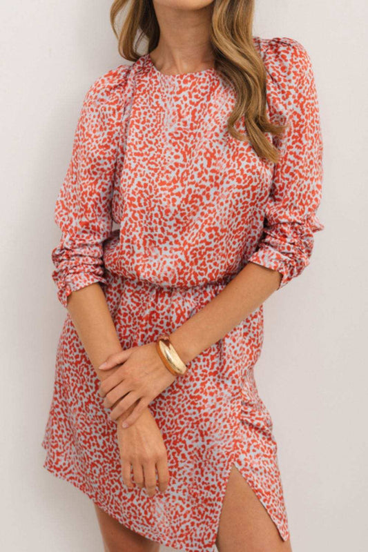 Slit Tied Printed Round Neck Mini Dress - Trendsi - Flyclothing LLC