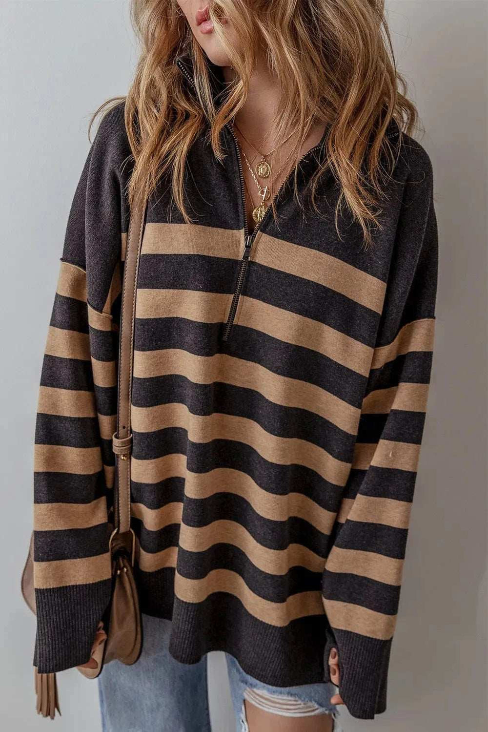 Striped Half Zip Long Sleeve Knit Top - Trendsi - Flyclothing LLC