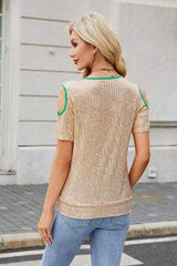 Sequin Crisscross V-Neck Cold Shoulder Blouse - Trendsi - Flyclothing LLC