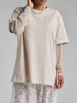 Faux Layered Round Neck Mesh Sleeve Top - Trendsi - Flyclothing LLC