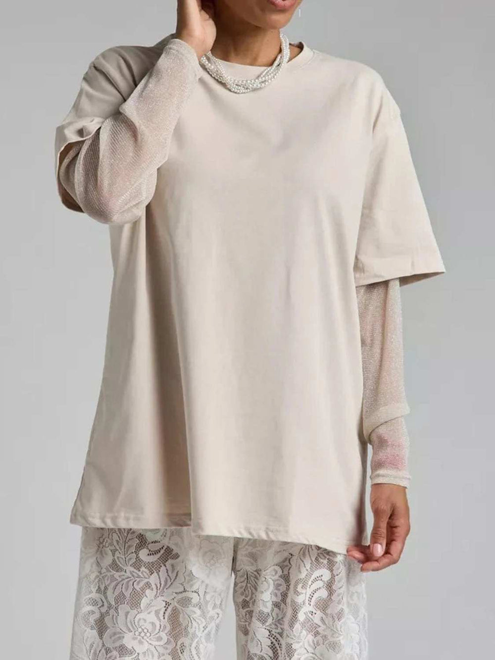 Faux Layered Round Neck Mesh Sleeve Top - Trendsi - Flyclothing LLC