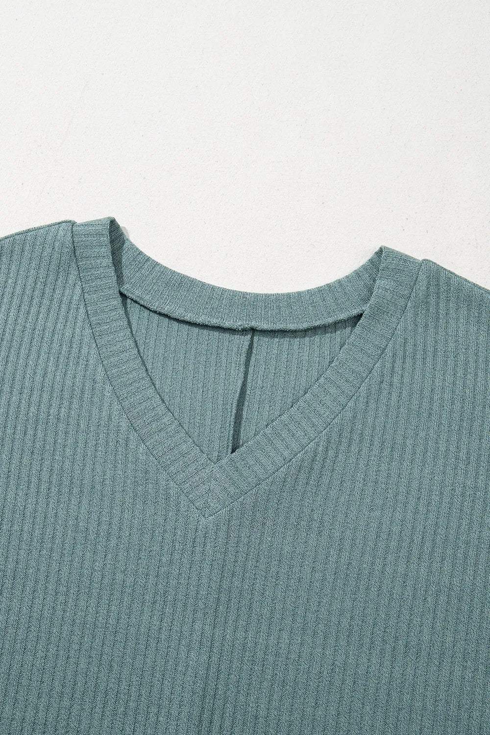 Oversized Ribbed Knit V Neck Dolman Short Sleeve Top - Trendsi - Flyclothing LLC
