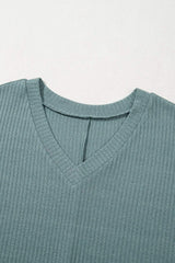 Oversized Ribbed Knit V Neck Dolman Short Sleeve Top - Trendsi - Flyclothing LLC