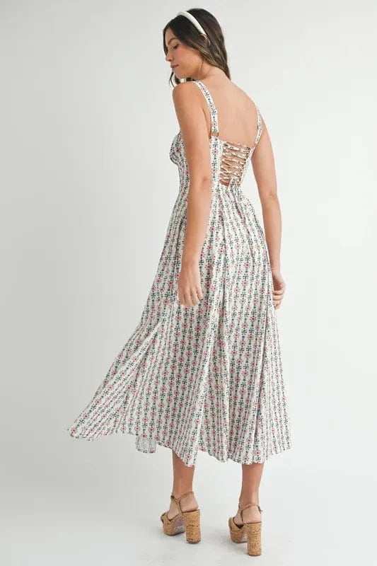 MABLE Floral Print Bustier Back Lace Up Midi Dress - Trendsi - Flyclothing LLC