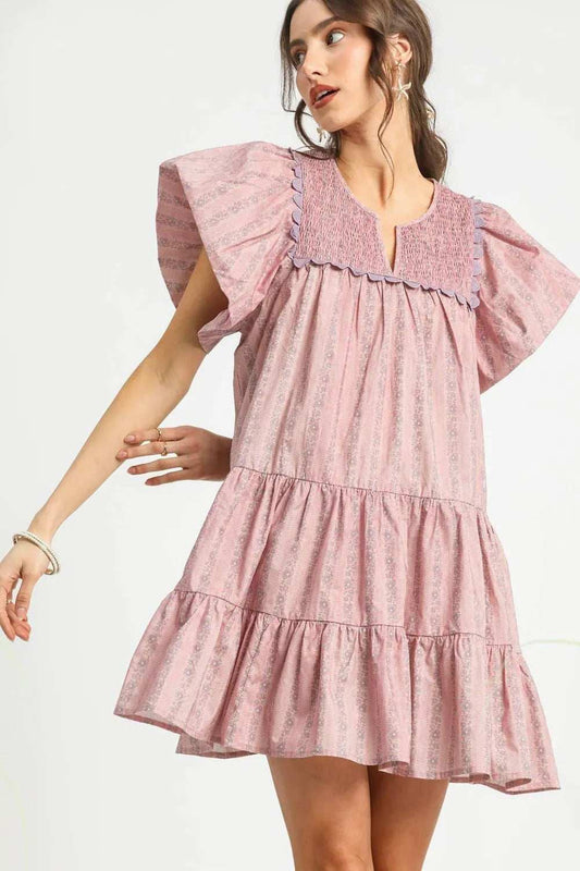 Umgee Floral Ruffled Cap Sleeve Tiered Mini Dress - Trendsi - Flyclothing LLC