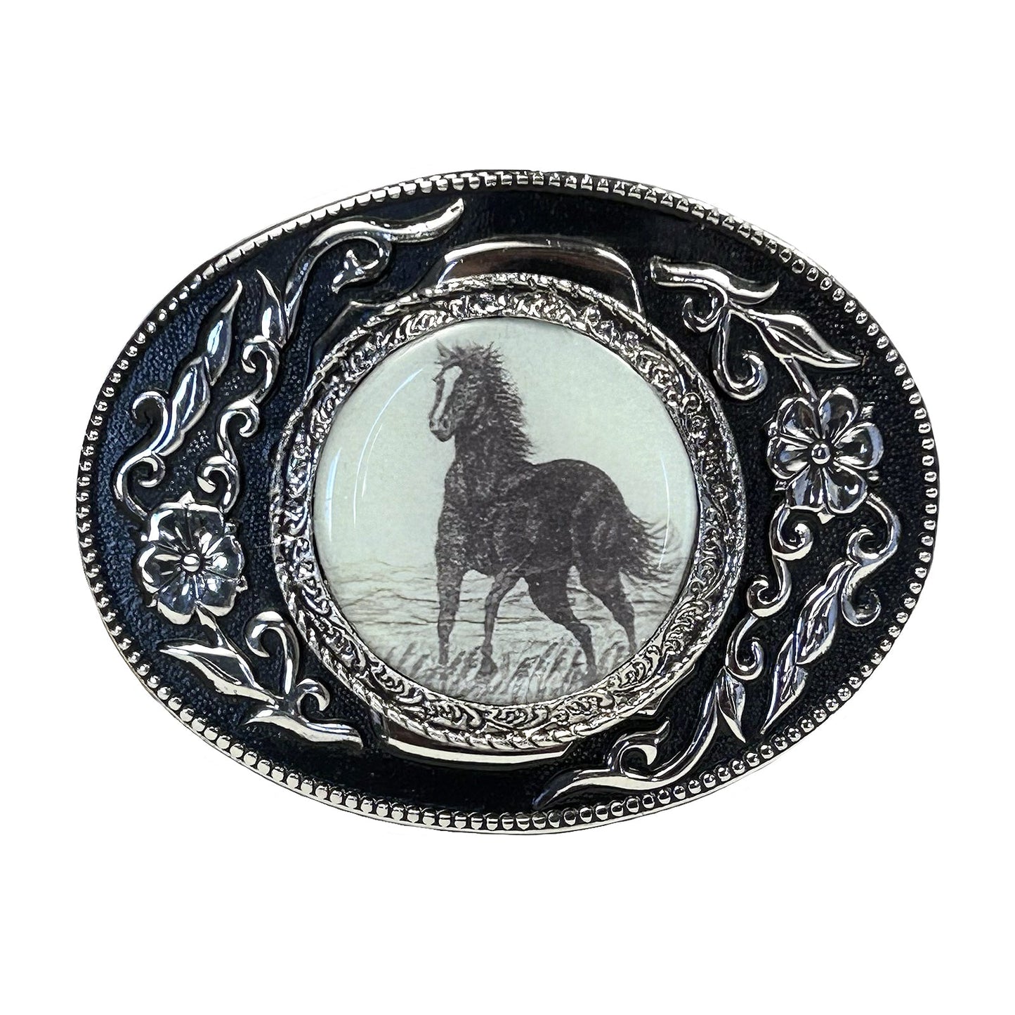 Rockmount Ranch Wear Mustang Silver & Black Western Belt Buckle - Rockmount Clothing - Flyclothing LLC