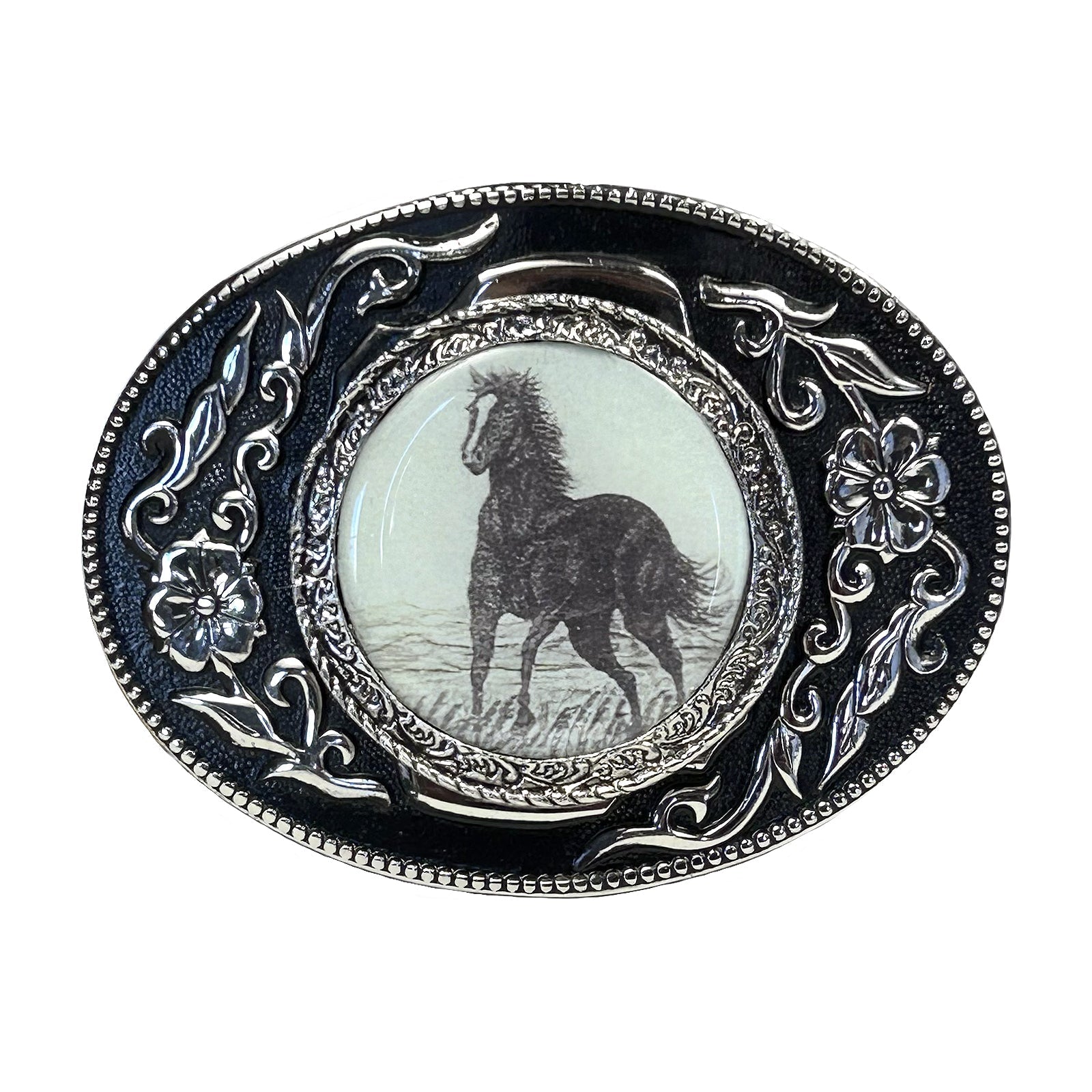 Rockmount Ranch Wear Mustang Silver & Black Western Belt Buckle - Rockmount Clothing - Flyclothing LLC