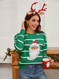 Sequin Santa Striped Round Neck Long Sleeve Sweater - Trendsi