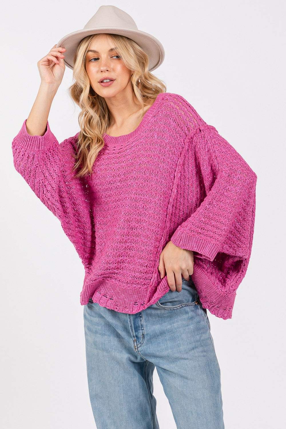 SAGE + FIG Distressed Asymmetrical Open Stitch Sweater - Trendsi - Flyclothing LLC