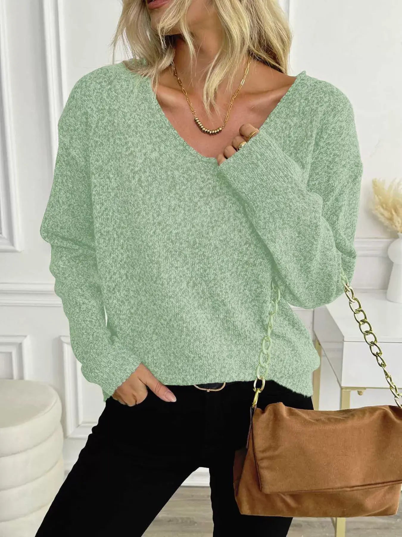 Casual V-Neck Drop Shoulder Sweater - Trendsi - Flyclothing LLC