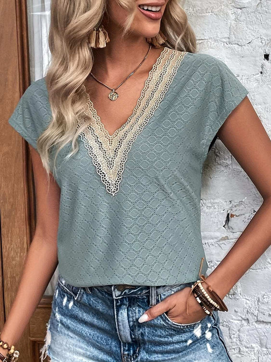 Eyelet V-Neck Cap Sleeve Blouse - Trendsi - Flyclothing LLC