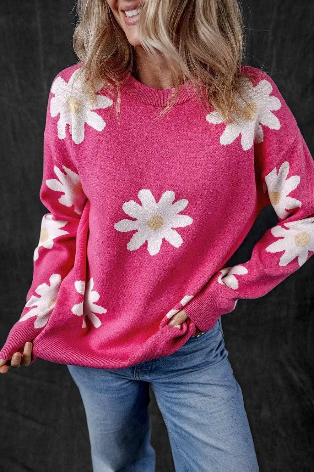 Daisy Round Neck Dropped Shoulder Sweater - Trendsi - Flyclothing LLC