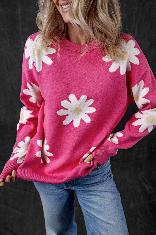 Daisy Round Neck Dropped Shoulder Sweater - Trendsi - Flyclothing LLC
