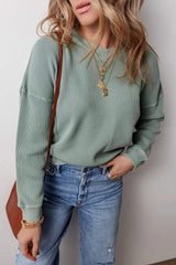 Waffle-Knit Long Sleeve Dropped Shoulder Top - Trendsi - Flyclothing LLC