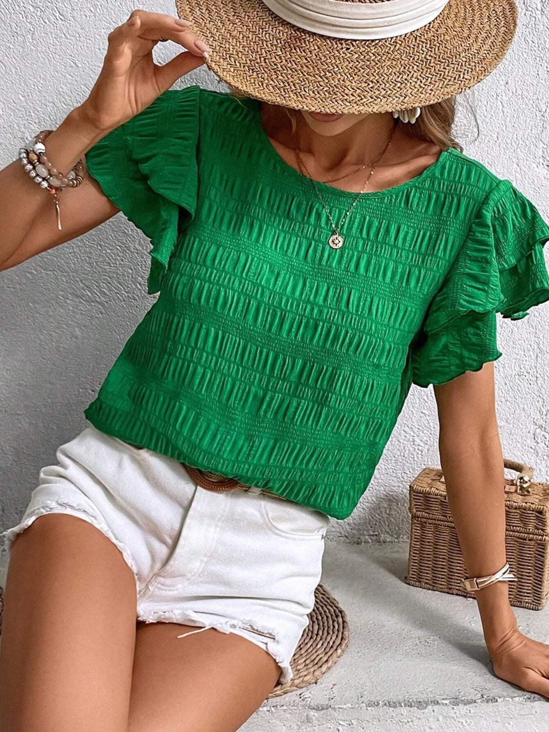 Round Neck Flounce Sleeve Blouse - Trendsi - Flyclothing LLC