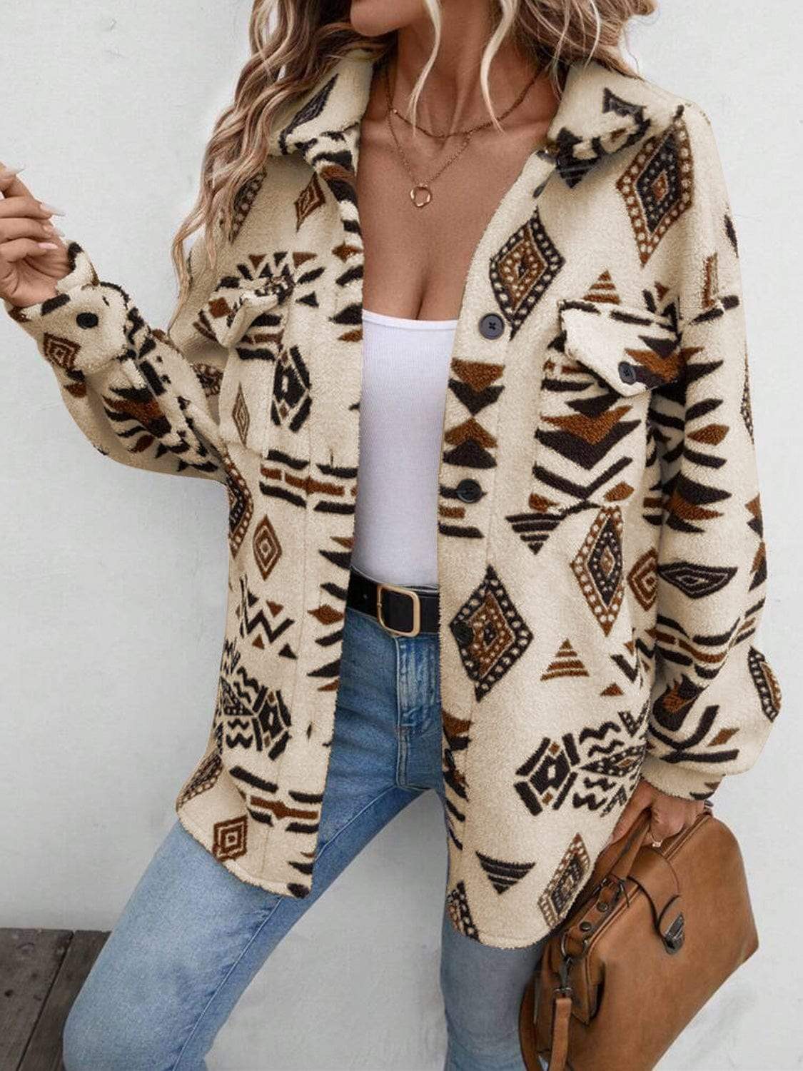 Geometric Button Up Dropped Shoulder Jacket - Trendsi - Flyclothing LLC