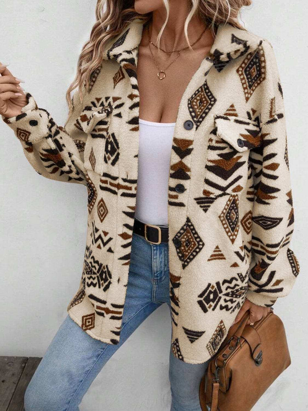 Geometric Button Up Dropped Shoulder Jacket - Trendsi - Flyclothing LLC